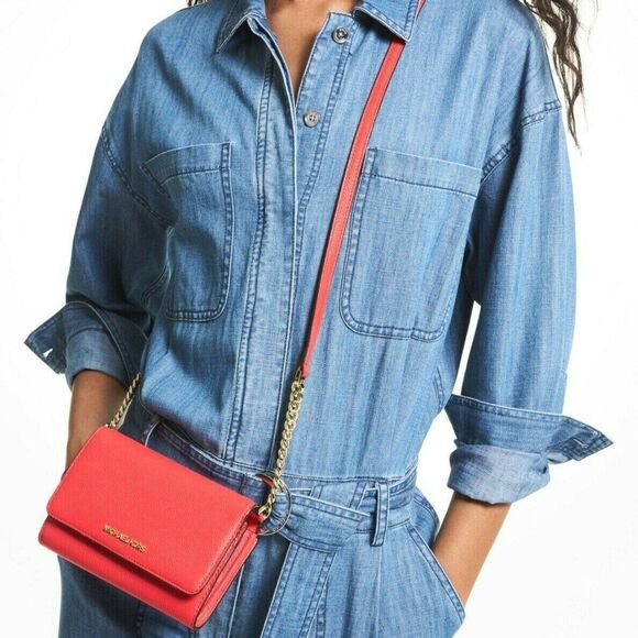 New Michael Kors Jet Set Travel Medium Phone Crossbody Leather Coral Reef - Picture 3 of 4